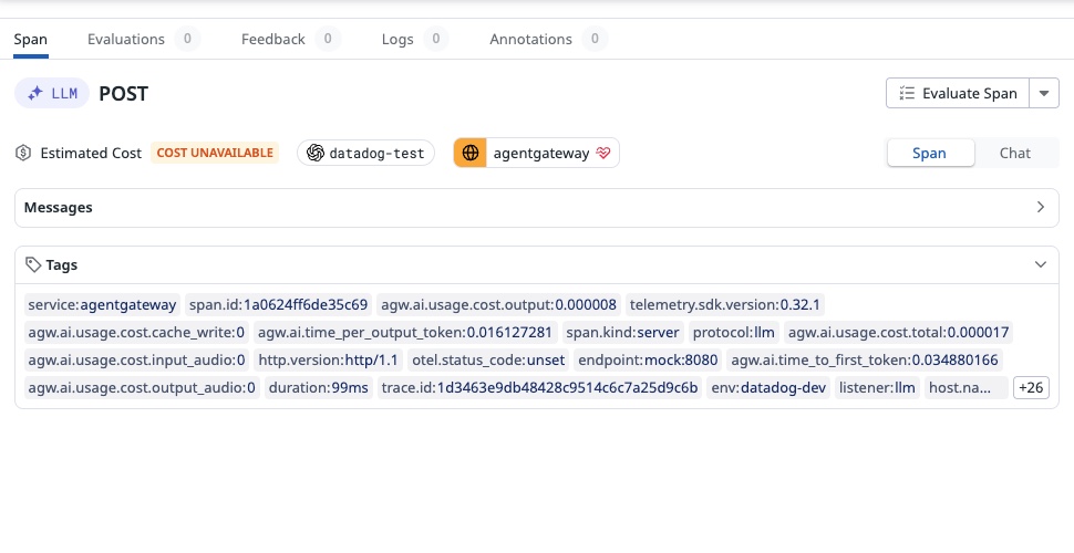Datadog Agent Observability span for agentgateway, showing the synthetic model and agentgateway cost and timing tags.